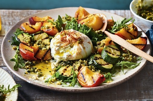 Grilled peach & burrata salad with pistachio pesto