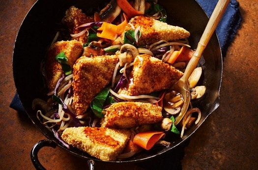 Crispy sesame tofu & mushroom stir fry