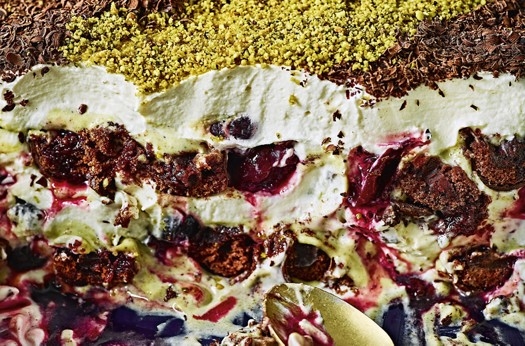 Pistachio tiramisu with boozy cherries