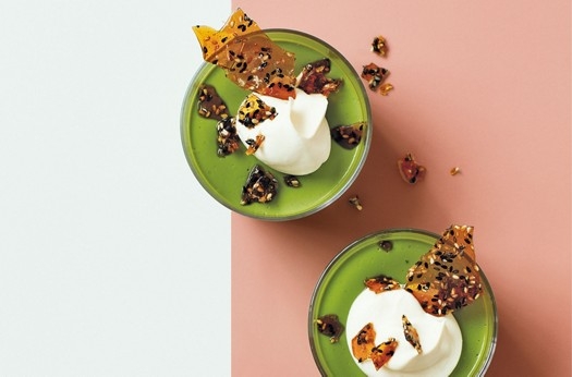 Matcha tofu pudding with black sesame brittle