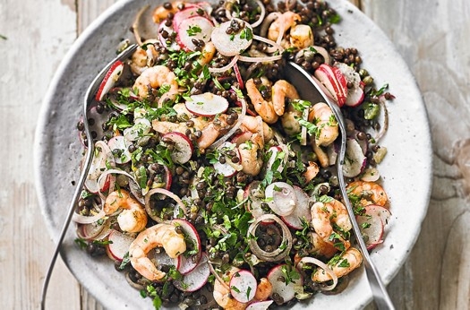 Prawn, lentil & radish salad with lemon & capers