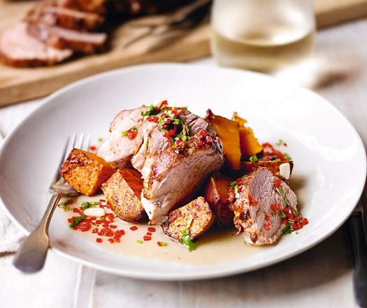 Char sui pork with roast sweet potatoes & sweet chilli & coriander dressing