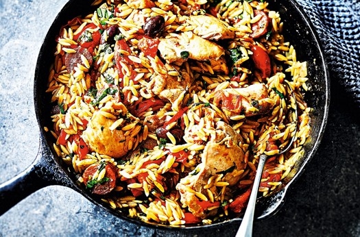 Orzo pasta, chicken, chorizo, tomatoes, olives & peppers