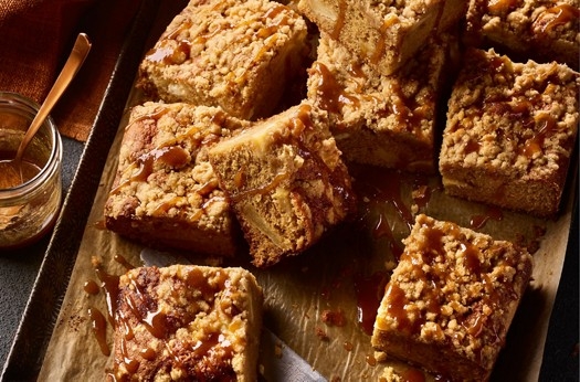 Miso, maple syrup, apple & cream cheese crumble cake