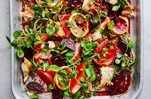 Warm chicken, beetroot and mixed grain salad