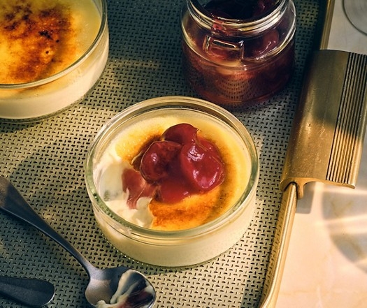 Crème brûlée with cherry compote