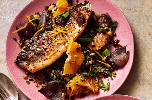Orange, olive & parsley grain salad with mackerel and pul biber