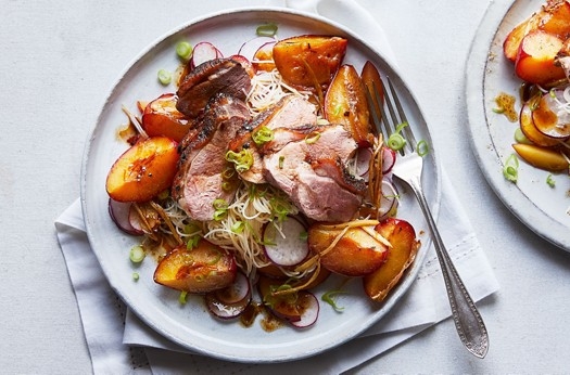 Duck with roasted plums & noodles