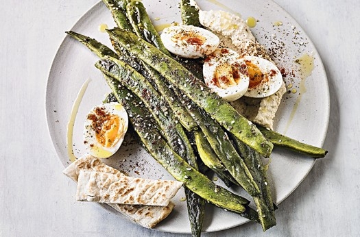 Roast spiced runner beans, egg & houmous platter