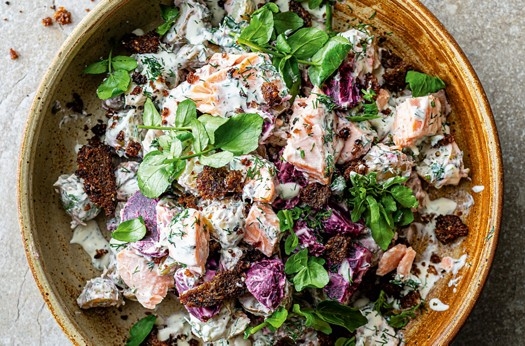 Salmon & beetroot potato salad with buttered rye crumbs