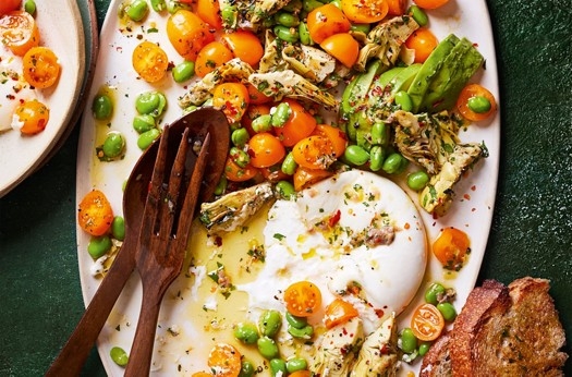 Golden tomato, burrata & broad bean salad with anchovies