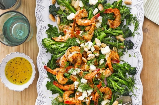 Prawn, purple sprouting broccoli, feta and almond salad
