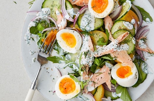 Smoked trout salad with boiled eggs
