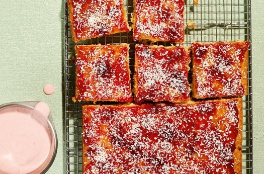 Coconut & raspberry traybake with pink custard