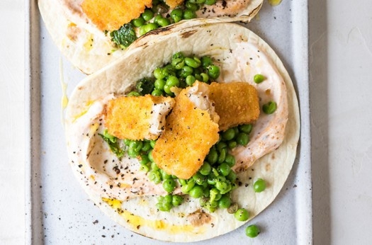 Fish finger tacos with pea & mint salsa