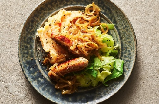 Sausages with sweet & tangy onions & mixed root mash
