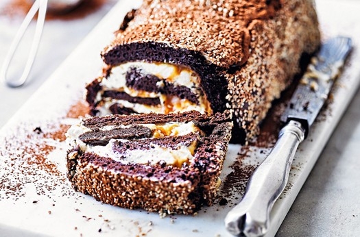 Sesame salted caramel roulade