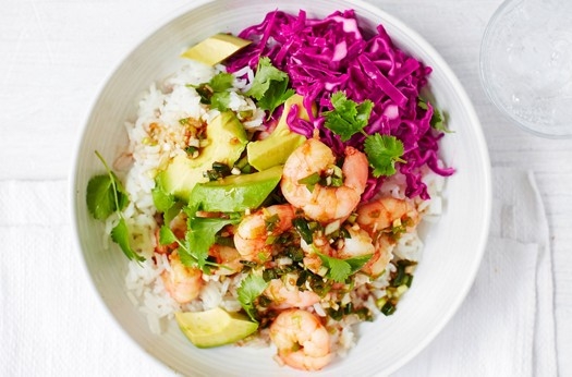 Poke-style prawn and avocado bowls