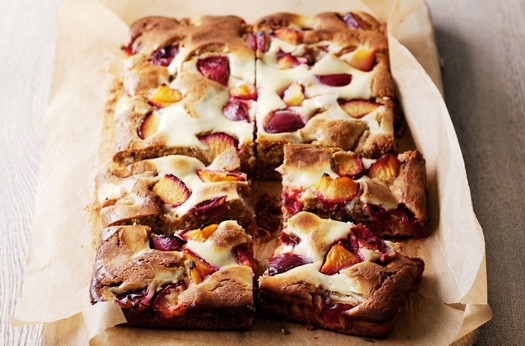 Plum tray bake with a cheesecake ripple