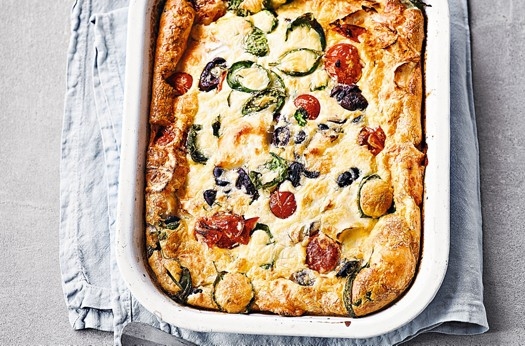 Diana henry's tomato, goat's cheese, olive & basil clafoutis
