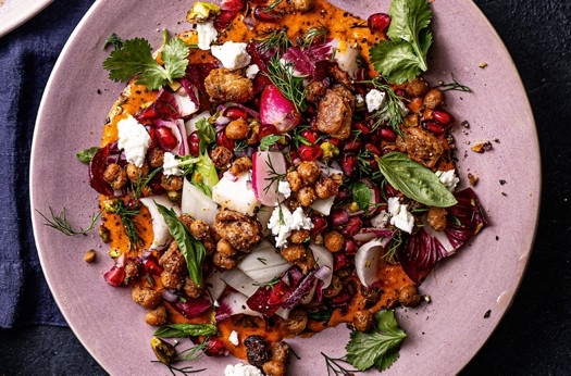 Winter vegetable chopped salad with chilli tahini dressing