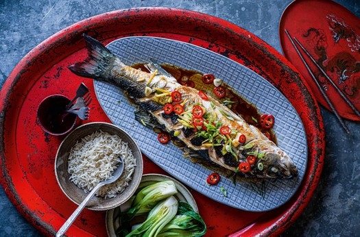 Steamed whole sea bass