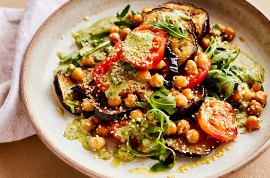 Roasted tomato, aubergine & chickpea salad
