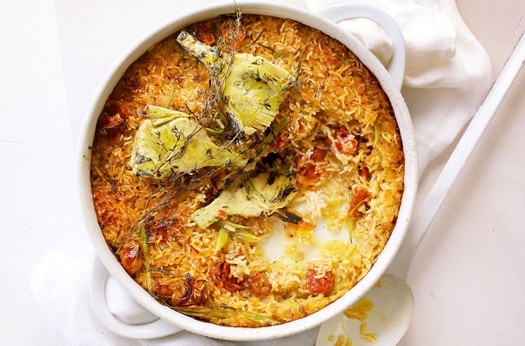 Baked rice with tomatoes & artichokes