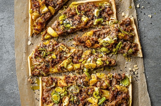 Sausage, leek & apple tart