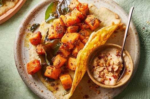 Lentil pancakes & gunpowder potatoes with coconut, peanut and tamarind chutney