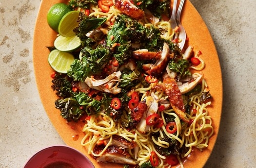 Hoisin chicken & lentil noodle salad with crispy kale