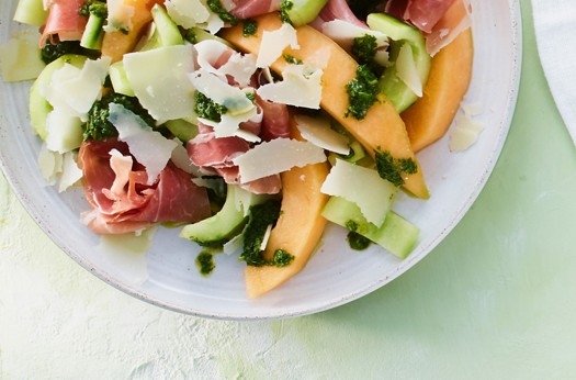 Melon, cucumber and parma ham salad with basil vinaigrette