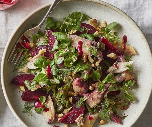 Mackerel salad with georgian-style plum sauce