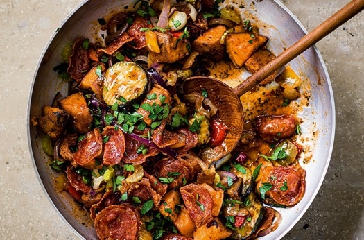 Quick pepperoni & sweet potato hash