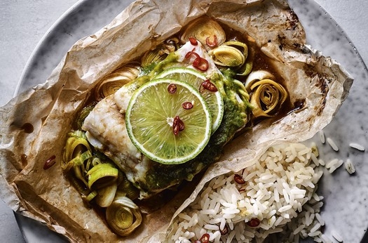 Thai-style green hake with lime and chilli rice