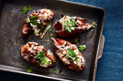 Sweet potato jackets with gruyere and black beans