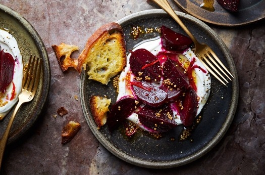 Roast beetroot with pickled mustard seeds & smoked yogurt