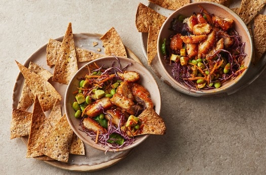Spicy chicken chopped salad with tortilla scoops