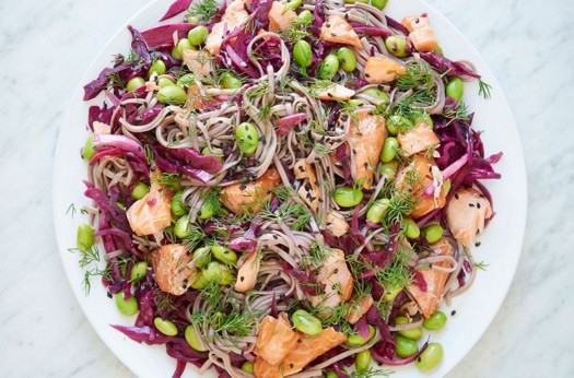 Red cabbage, edamame and salmon soba noodle salad