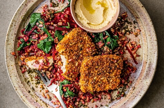 Beetroot freekeh with spinach & dukkah-crusted tofu
