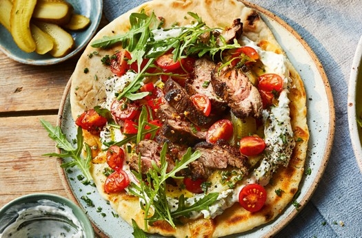 Lamb in cumin salt rub with chive yogurt dressing & flatbreads
