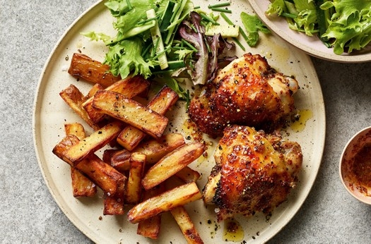 Honey mustard chicken thighs & chips