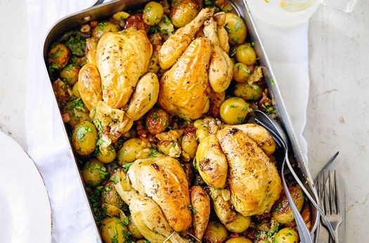 Roast poussins with pancetta