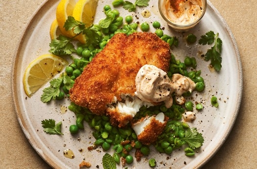 Crisp tikka fish with crushed minty peas