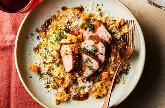 Pork & cider with winter squash and pearl barley