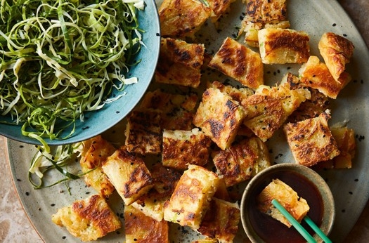 Korean-style pancakes with cabbage slaw