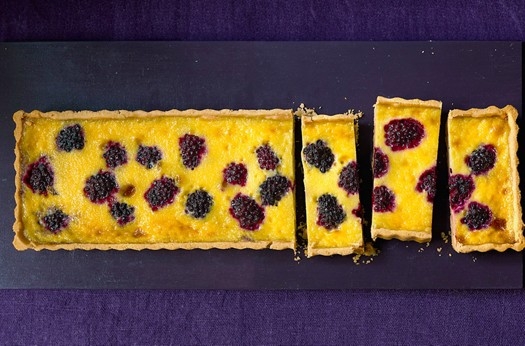 Blackberry & bay custard tart