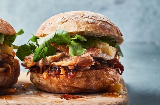 Roast pork buns with apple sauce & kimchi onions