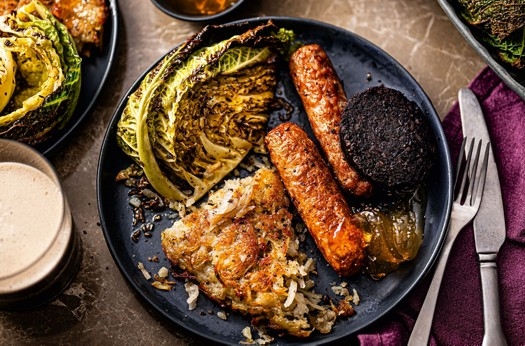 Sausages, black pudding & cider jelly with boxty