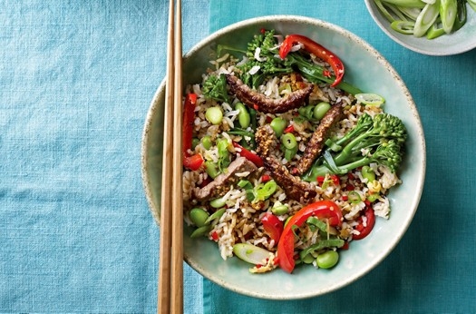 Beef stir-fry with broccoli and edamame